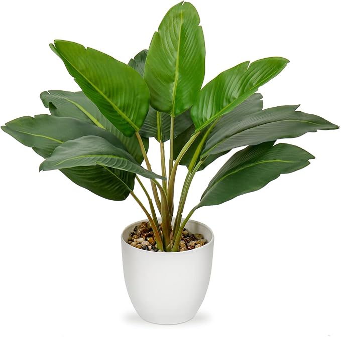 Hollyone Artificial Bird of Paradise Plant in Pot, Fake Palm Tropical Potted Plant 15" Faux Plantain Banana Leaf Plant for Indoor Outdoor Home Desk Office Garden Decoration