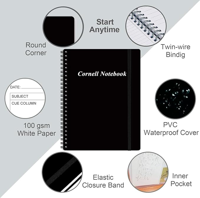 Yaridar A4 Cornell Notes Notebook - Spiral Cornell Notebooks for Note Taking, Subject College Ruled Notebook Steno Pads for Office/School/College/Home, 8.5" x 11", Black