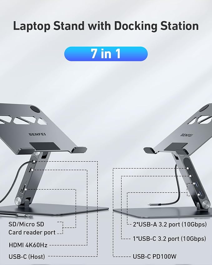 BENFEI Laptop Stand with USB C 7in1 Docking Station,HDMI 4K@60Hz,1*SD 1*Micro SD,100W Power Delivery,10Gbps 1*USB C 3.2 and 2*USB A 3.2 Compatible with MacBook Pro/Air, iPad Pro, XPS, Thinkpad