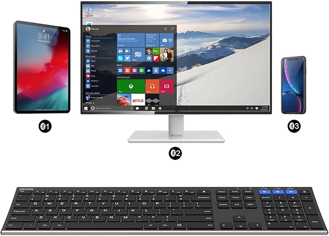 Arteck HB192 Universal Bluetooth Keyboard Multi-Device Stainless Steel Full Size Wireless Keyboard for Windows iOS Android Computer Desktop Laptop Surface Tablet Smartphone Rechargeable Battery