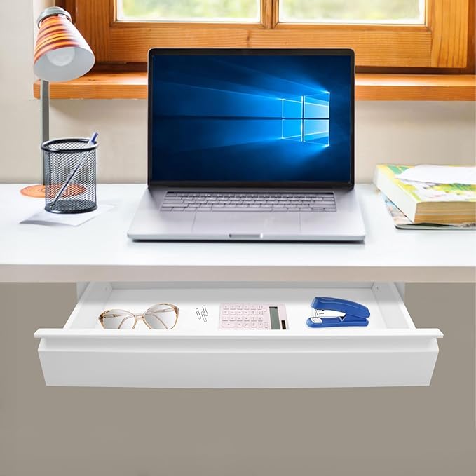 LEYSRIS 23.9" Under Desk Storage Drawer, White Sliding Pull-Out Drawer for Sit Stand Workstation