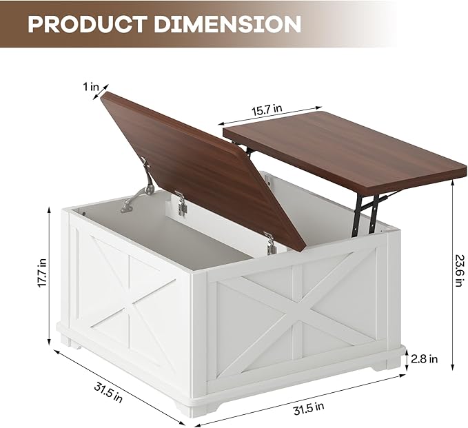Airynee Farmhouse Coffee Table, 31.5" Lift Top Coffee Table with Storage, Square Coffee Tables for Living Room, Wooden Coffee Tables with Brown Flip-Top Lids for Home Office, White