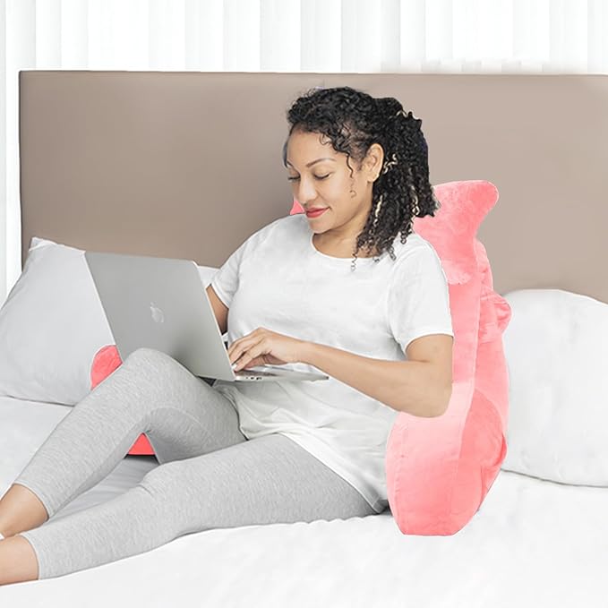SLIGUY Reading Pillow for Sitting in Bed Couch Adult, Back Pillow with arm Support and Pockets, Adult Back Pillow Bed Chair for Rest, Reading, Watching TV, Gaming for Boys and Girls Pink