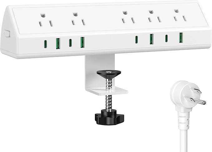 45W Fast Charging Station,Desk Clamp Power Strip,4 PD USB-C Ports,5 AC Outlets,Surge Protector Power Strip, 14AWG Heavy Duty Cord, Fits 1.9" Tabletop Edge (White, 10 FT Cable)