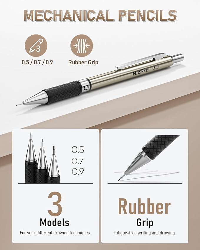 Nicpro 30PCS Art Mechanical Pencil Set in Leather Case, Metal Drafting Pencil 0.5 mm, 0.7 mm, 0.9 mm & 3 PCS 2mm Lead Holders for Sketching Drawing With 16 Tube (6B 4B 2B HB 2H 4H Colors) Lead Refills