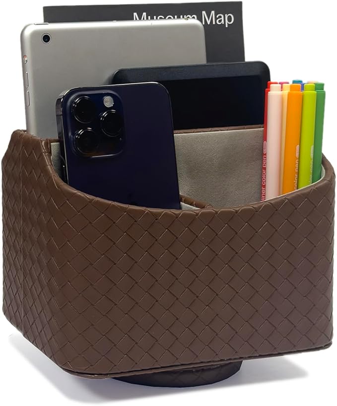 UnionBasic Rotating Desk Organizer, 360 Degree Desk Spinning Caddy, Desktop TV Guide/Mail/Media/Remote Controller Holder Organizer, Woven Coffee