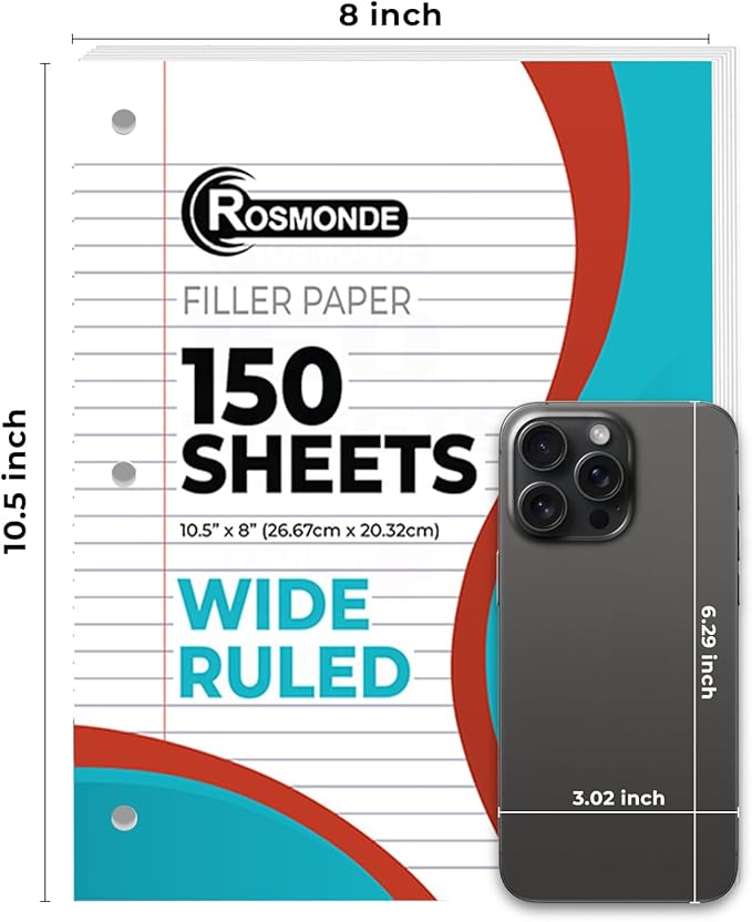 Rosmonde Loose Leaf Paper, 900 Sheets, 6 Pack, Wide Ruled, 8" x 10.5", 56 gsm Bulk Office Filler Sheets, 3 Hole Punched, 150 Sheets/Pack, Wide Ruled for 3 Ring Binder, Notebook Paper, White
