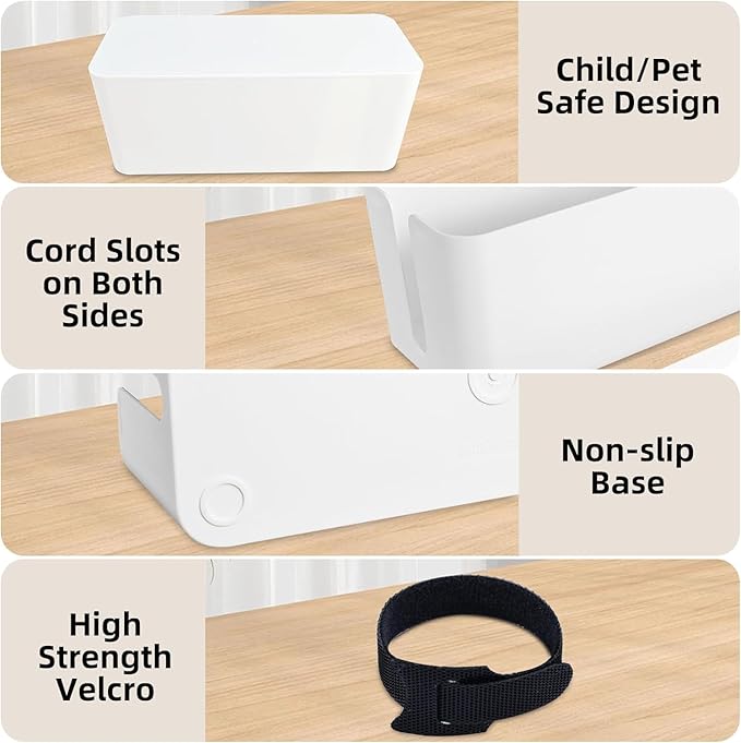YaeCCC Cable Management Organizer Box Power Strips Hider Power Cords Hider for Desk, TV, Computer, USB Hub,Cords (Set of Three) White
