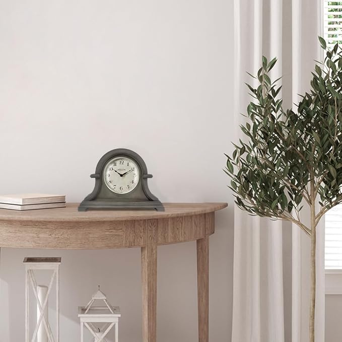 Presentime & Co. Mantel Clock Vintage Farmhouse Series, Napoleon Desk & Shelf Clock, 13 x 10 inch, Domed Lens, Quartz Movement, ABS Plastic Case, Gray Oak Finish (Home/Tabletop Decoration)