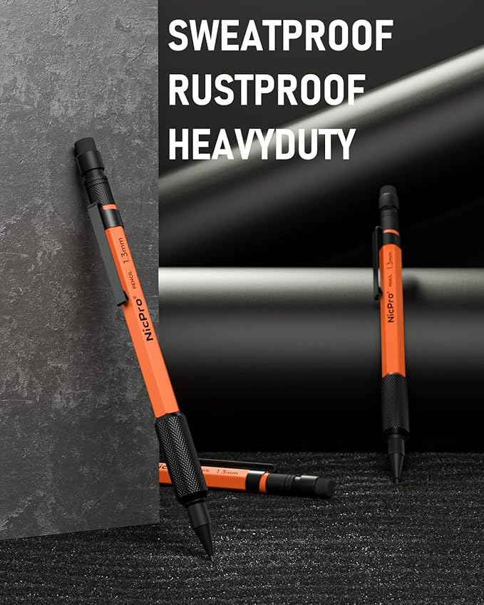 Nicpro 1.3 mm Mechanical Pencils Set with Lead Refill Black & Colors, Eraser - Orange Weatherproof Metal Heavy Duty Carpenter Pencil for Outdoor Marking Drafting Drawing Sketching Woodworking in Case