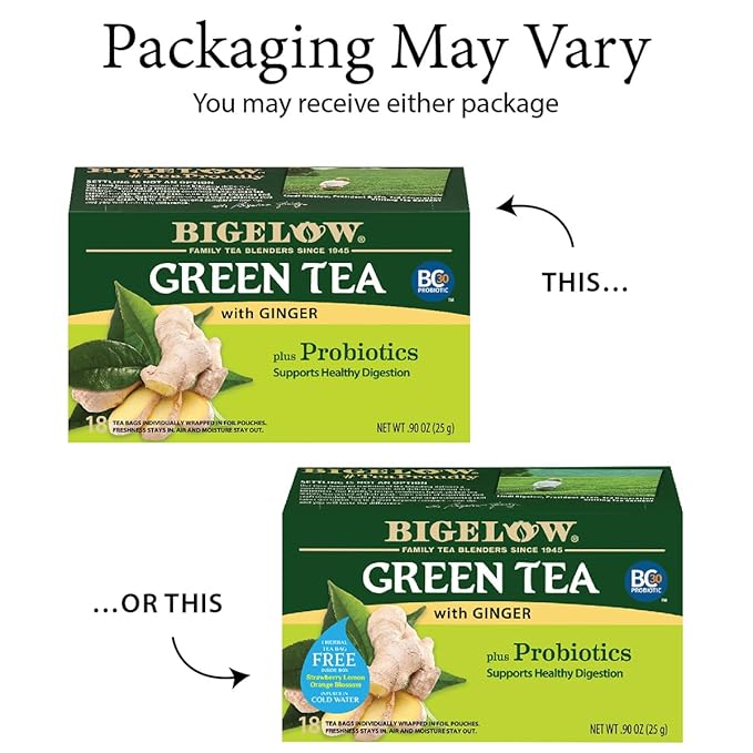 Bigelow Tea Green Tea with Ginger Plus Probiotics, Caffeinated Tea with Ginger, 18 Count Box, (Pack of 6), 108 Total Tea Bags
