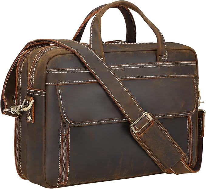 Masa Kawa Leather Briefcase for Men 15.6", 17" Laptop Computer Case Business Travel Work Messenger Cross Body Shoulder Bag