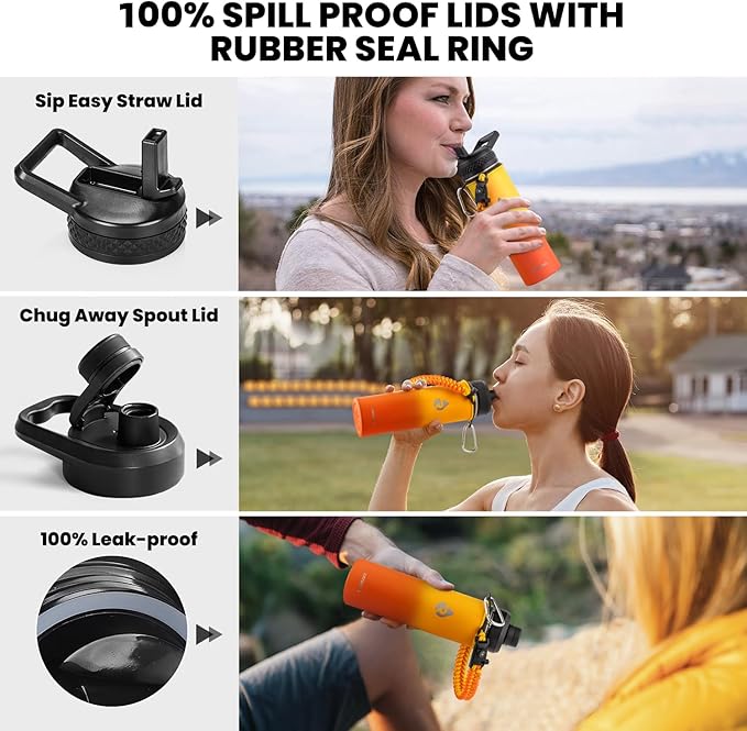 Insulated Water Bottle 20 oz, Triple Wall Vacuum Stainless Steel (Cold for 48 Hrs), Leak Proof & Non-BPA, Kids Water Bottle Jug for School with Straw Spout Lids, Ombre Orange