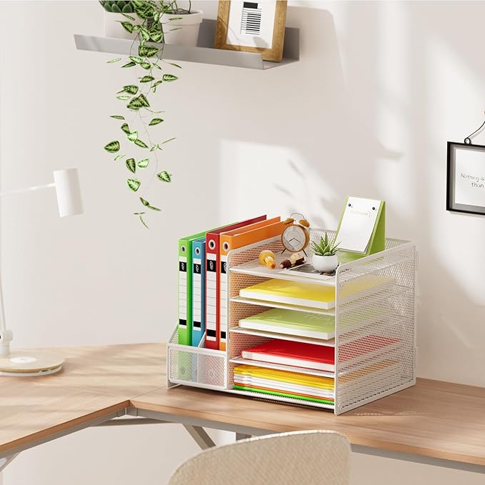 Marbrasse Desk Organizer with File Holder, 5-Tier Paper Letter Tray, Mesh Desk Organizers and Accessories with Magazine Holder, Desktop Organizer and Storage for Office Supplies (White)
