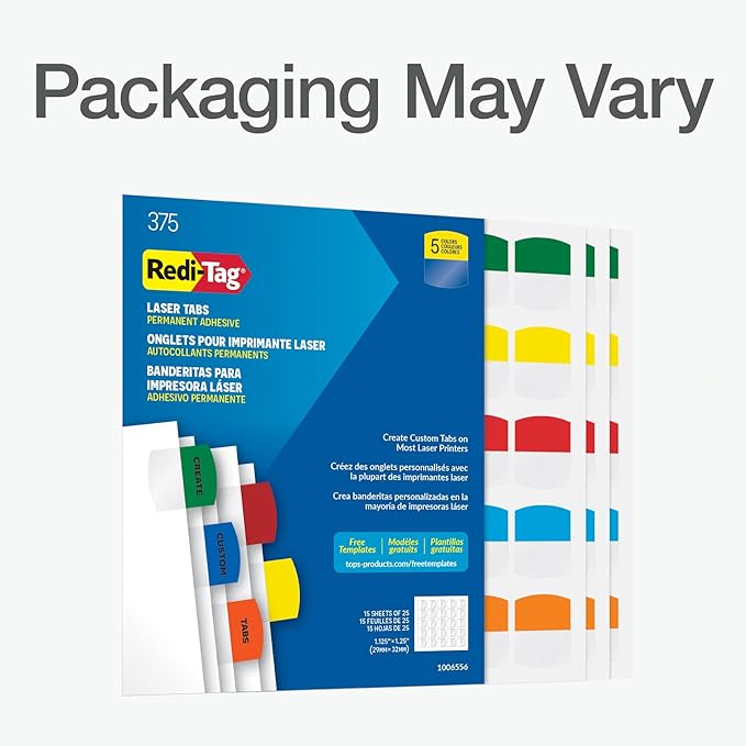 Redi-Tag Laser Printable Tabs, Permanent Index Tabs, Customizable Adhesive Labels, Assorted Primary Colors, 1.125" x 1.25", 375 Per Pack (1006556)