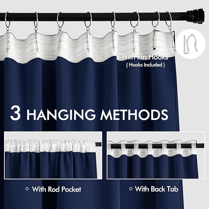 MIULEE Navy Blue Back Tab Blackout Curtain 96 Inch Long 2 Panels Set