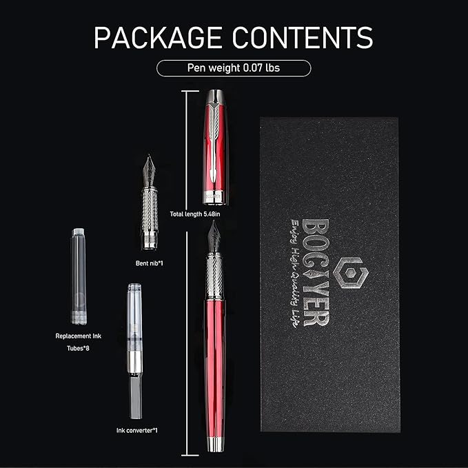 BOCIYER Fountain Pen with Fine Nib & Black Ink, Refillable & Elegant Bent Nib Design, Calligraphy Pens for Writing, Best Fountain Pen for Smooth & Fancy Writing (Black)