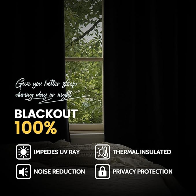 Yakamok 100% Blackout Curtain Panels 72 inches Cold and Light Blocking Drapes