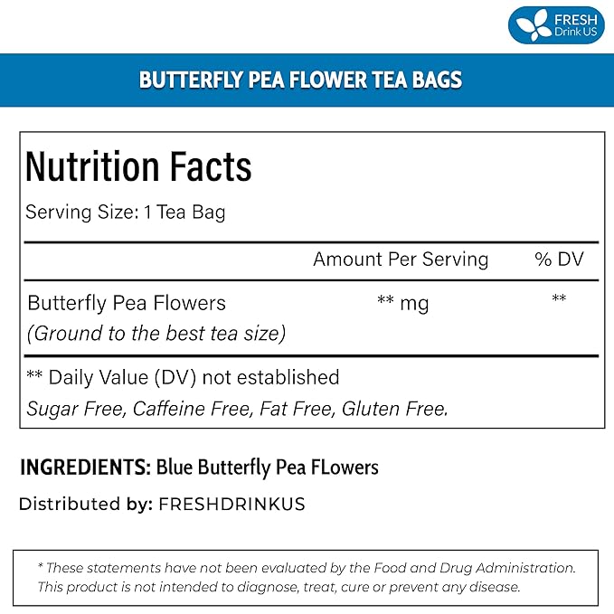 FreshDrinkUS, 100 Premium Butterfly Pea Flower Tea Bags – 100% Pure & Natural | Caffeine-Free Herbal Blue Tea | No Additives, Non-GMO, Made With Natural Material Tea Bag, No Sugar, No Caffeine, No Gluten, Vegan