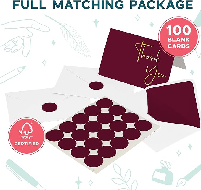 VNS Creations Gold Foil Thank You Cards With Envelopes Bulk Set & Stickers - 100 Pack 4x6 Blank Thank You Notes Box Set - Large Note Card Small Business, Wedding, Baby Shower & Bridal Shower - Wine