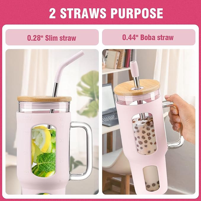Glass Tumbler with Lid and Straw, 46 oz Iced Coffee Cup with Handle, Large Water Bottles with Silicone Sleeve, Glass Cup with Straws - Pearl Straw & Drinking Straw BPA Free-CottonPink