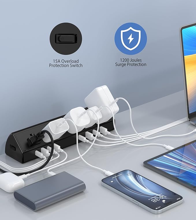 45W Fast Charging Station,Desk Clamp Power Strip,4 PD USB-C Ports,5 AC Outlets,Surge Protector Power Strip, 14AWG Heavy Duty Cord, Fits 1.9" Tabletop Edge (Black, 10 FT Cable)