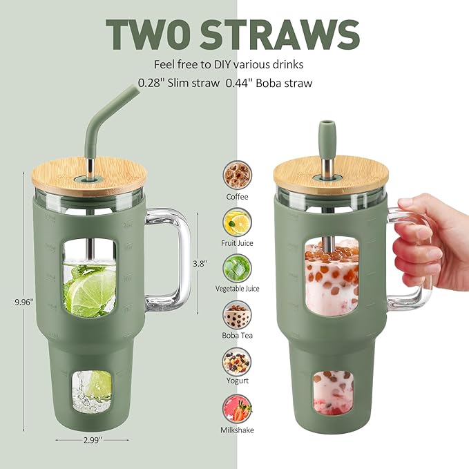 Glass Tumbler with Straw and Lid, 40 oz glass cup with handle, Glass Water Bottles with Time Marker, Silicone Protective Sleeve-Olive