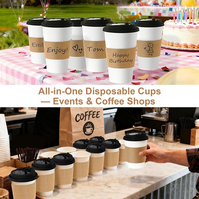 Coolcap 20 oz 50 Pack Coffee Cups with Lids and Sleeves, Straws, Hot Disposable To Go Travel Paper Cups Bulk for Office, Home Coffee Bar Accessories, Chocolate, Cocoa, Beverage (Black)