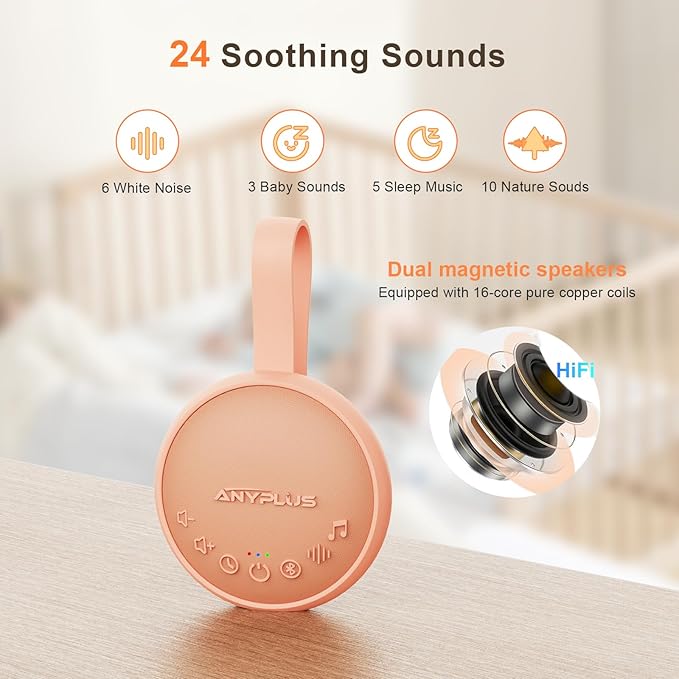 White Noise Sound Machine for Sleeping Adults & Baby, Portable Noise Machine with 24 Soothing Sounds, Bluetooth 5.1, Battery Powered, 3 Timer Settings, Memory Function for Home, Office, Travel(Orange)
