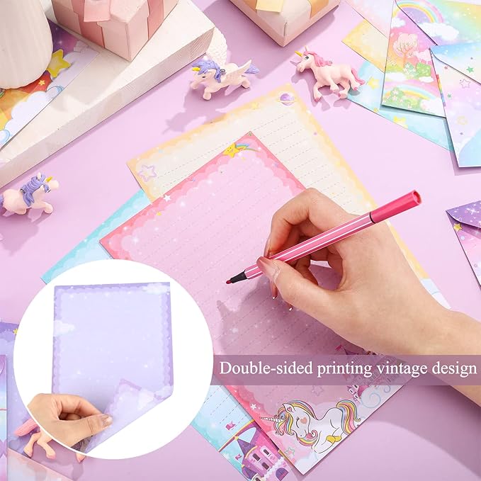 TaoBary 160 Pcs Stationery Paper Set 50 Double Sided Stationery Papers with 50 Matching Envelopes and 60 Round Dot Sticker, 10 Design(Unicorn,5.5 x 8.25 Inch)