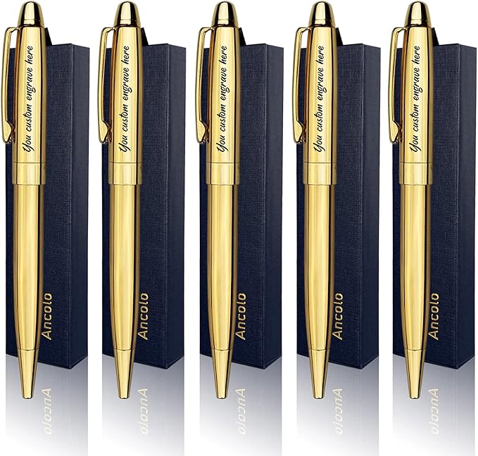 Ancolo Personalized Retractable Ballpoint Pens Stainless Steel Fancy Pens Engraved with Your Name Logo or Message, Phone Number Black ink Perfect for Bank, Office, Hotel 5 Pcs/Pack