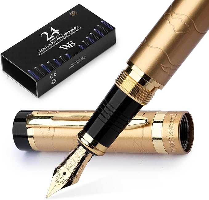 Wordsworth & Black Primori Fountain Pen Set [Stunning Gold]; Medium Nib, Gift Case, 24 Ink Cartridges, Refill Converter, Manual; Journaling, Calligraphy, Smooth Writing Pens; Left and Right Handed