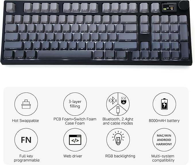 NJ98 Wireless Custom Mechanical Keyboard with Screen Knob 96% Hot Swappable RGB Keyboard Mac Windows (Dark, Steel Plate-Mix5 Linear)