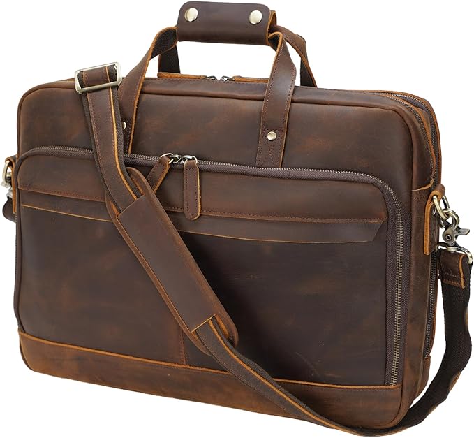 Masa Kawa Leather Briefcase for Men 17/15.6" Laptop Crossbody Shoulder Messenger Bag Business Travel Work Attache Case