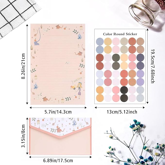 64 Pcs Stationery Paper Envelopes Set Includes 42 Lined Writing Paper & 21 Envelopes with 48 Colorful Round Dot Stickers, Cute Vintage Floral Letter Writing and Stationery Paper Envelopes(7Style)