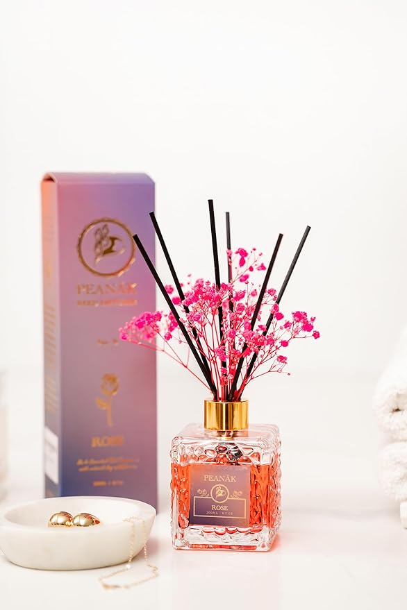 PEANÄK Reed Diffuser Set - Rose Honey Fragrance 6.7oz (200 ml) - Set of 2 Real Preserved Flowers & 6 Reed Sticks for Home & Office Bathroom Shelf Décor with Long Lasting Gift Scents