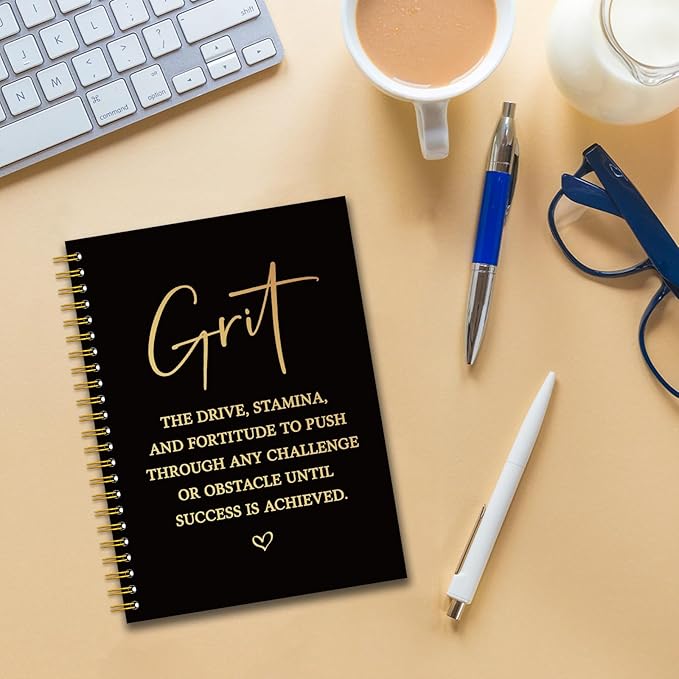 YAZMEEN Inspirational Black Gold Spiral Notebook（160 Pages） Grit Definition Blank Hardcover Notebook Office Journal Gift Funny Encouragement Gift for Women Men Employee Colleague Boss Office Worker