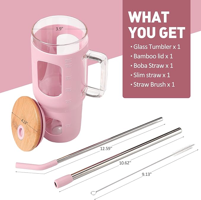 Glass Tumbler with Straw and Lid, 32 oz Glass Cup with Handle, Glass Water Bottles with Time Marker, 2 Straws - Pearl Straw & Drinking Straw Silicone Protective Sleeve-Pink