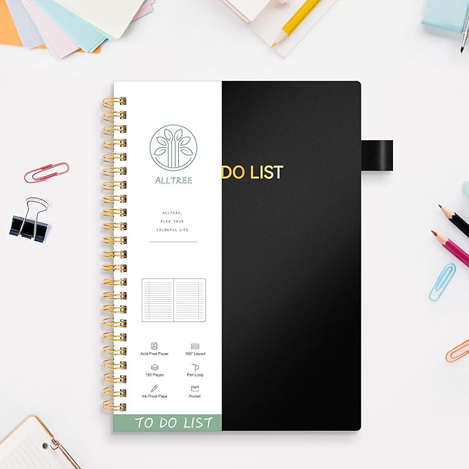 ALLTREE To Do List Notepad Spiral Planner, Daily Task Tracker with Wide Lined Notebooks, Work Planner with Pocket, Pen Loop, 160 Pages, Black (5.5"x8.5")