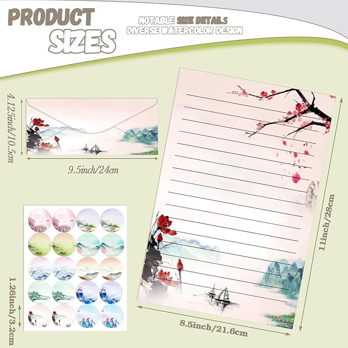 TaoBary 160 Pcs Stationery Paper Set 50 Double Sided Stationery Papers with 50 Matching Envelopes and 60 Round Dot Sticker, 10 Design(Ink Painting,8.5 x 11 Inch)