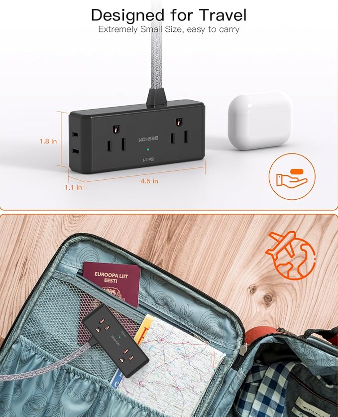 Extension Cord 15 ft, BESHON Flat Plug Power Strip, Long Power Strip, 4 Widely Outlets with 3 USB Ports (2 USB C), Extension Cord with Multiple Outlets for Home, Office, Dorm Room Essentials, Black