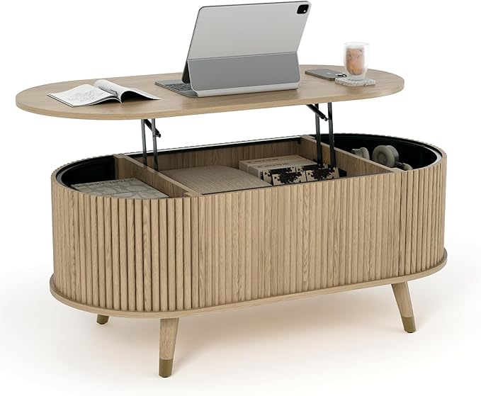 JOINICE 42.5" Oval Lift Top Coffee Table with Storage, Mid Century Modern Oak Center Table with Fluted Panel, Solid Wood Legs & Hidden Compartment for Living Room