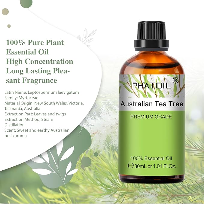 Australian Tea Tree 1.01fl.oz Essential Oil, PHATOIL Pure Aromatherapy Oils for Diffuser, Humidifier, Perfect for DIY Soap, Candle, Bath Bombs Making(30ml)