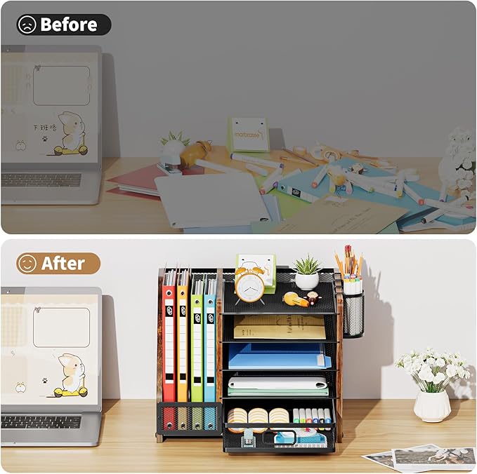 Marbrasse Desk Organizer with File Holder, 5-Tier Paper Letter Tray Organizer with Drawer and 2 Pen Holder, Mesh Desktop Organizer and Storage with Magazine Holder for Office Supplies (Wood-Brown)