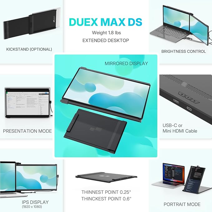 Portable Monitor - [2026 Upgrade] Mobile Pixels Duex Max DS 14.1'' Laptop Screen Extender, USB C/HDMI Plug and Play, 1080P Monitor for 14''-17 '' Laptops, Compatible with Mac/Windows/Android/Switch