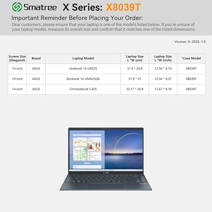 Smatree Hard EVA Protective Sleeve Compatible for 14 inch ASUS Chromebook Plus C425, for Zenbook 14 UM425QA/UX425, Waterproof and Anti-Shock Sleeve Case, Green (X8039TG)
