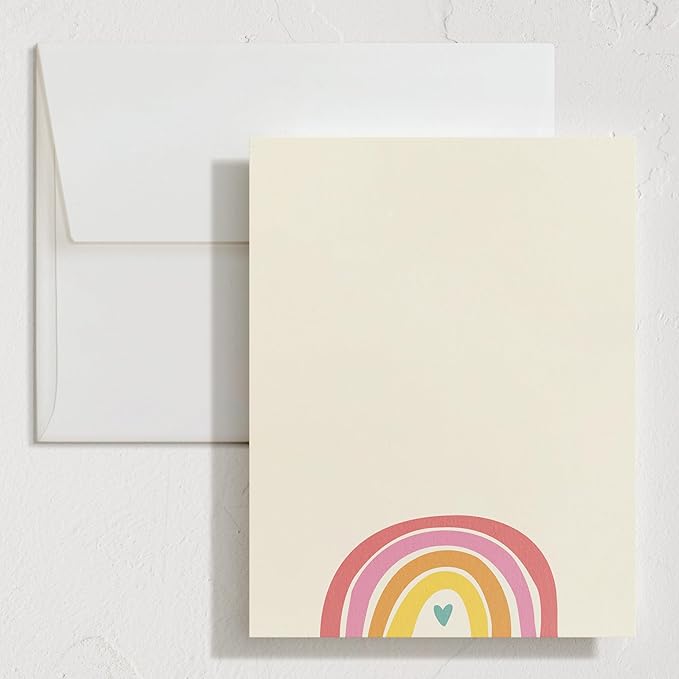Minted Cheerful Stationery Set, Set of 10, Flat Note Cards & Envelopes for Invitiations and Handwritten Thank You Messages, Rainbow with Heart Accent, Gifts for Teachers, Luxurious Paper