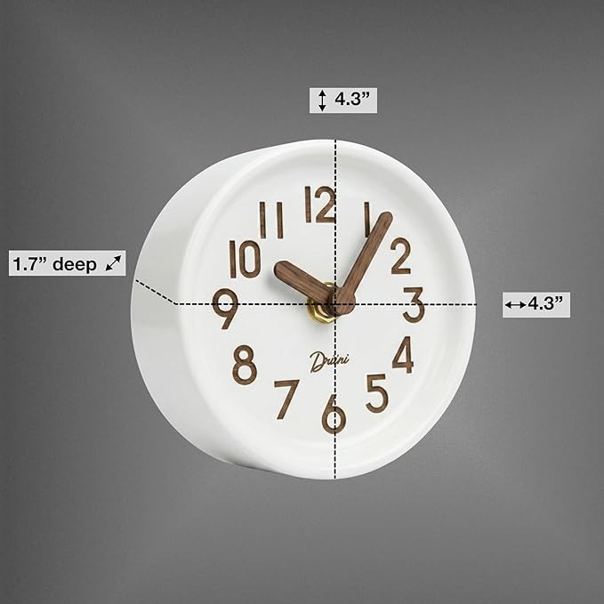 Driini Wooden Analog Desktop Clock – 4.3 in. Decorative Pinewood, No-Tick Design – Easy to Read Silent Sweep Mantle Clock – Quiet Tabletop Clocks with Wood Body, Hands, & Battery Cover; White