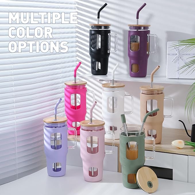 Glass Tumbler with Lid, 32 oz Glass Cup with Handle, Glass Water Bottles with Time Marker, 2 Straws - Pearl Straw & Silicone Protective Sleeve - Black