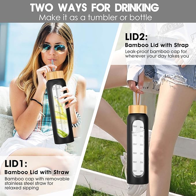 32 oz Glass Water Bottle with Straw - Motivational Time Marker & Silicone Sleeve - Reusable Tumbler Includes 2 Bamboo Lids & Fruit Infuser - 1 Pack